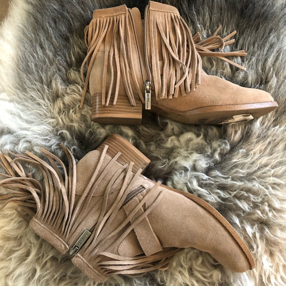 BCBG Tan leather fringe ankle bootie